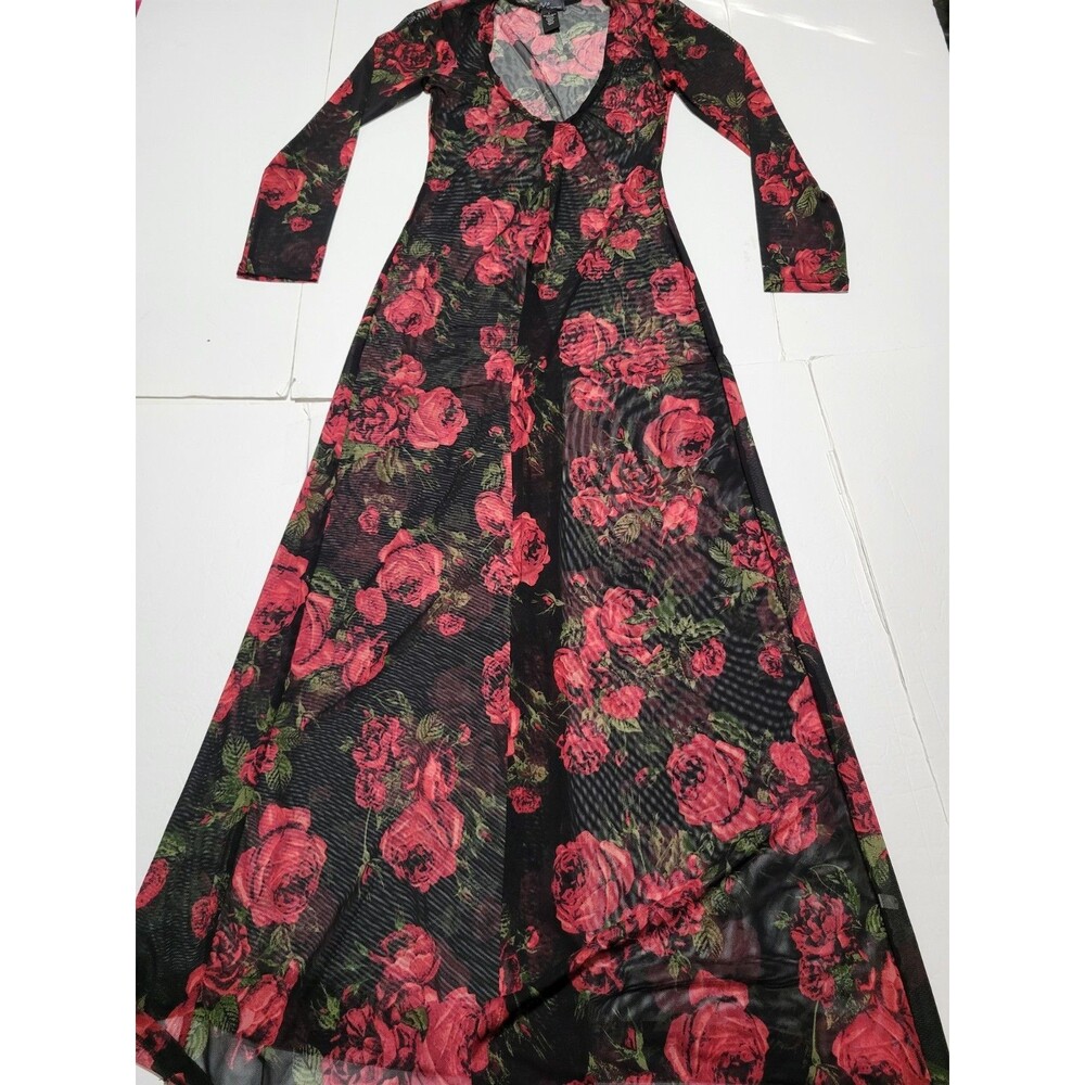 (#9) Love Sheer Mesh Floral Long Sleeve V-Neck Light Dress Party Black Red M